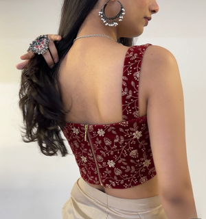 Maroon Embroidered Velvet Corset