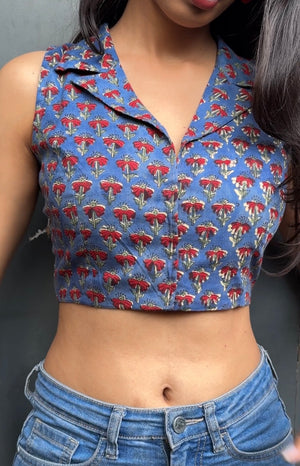 Blue Red Collared Halter Neck Crop Top