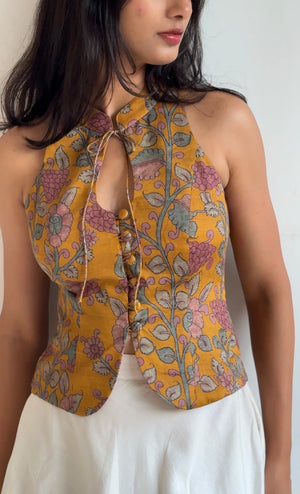 Mustard Kalamkari Printed Halter Top