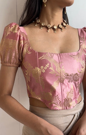 Rose Gold Brocade Corset With Sleeves