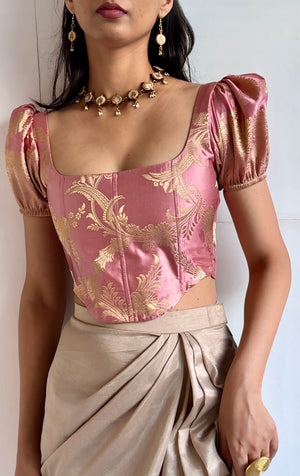 Rose Gold Brocade Corset With Sleeves