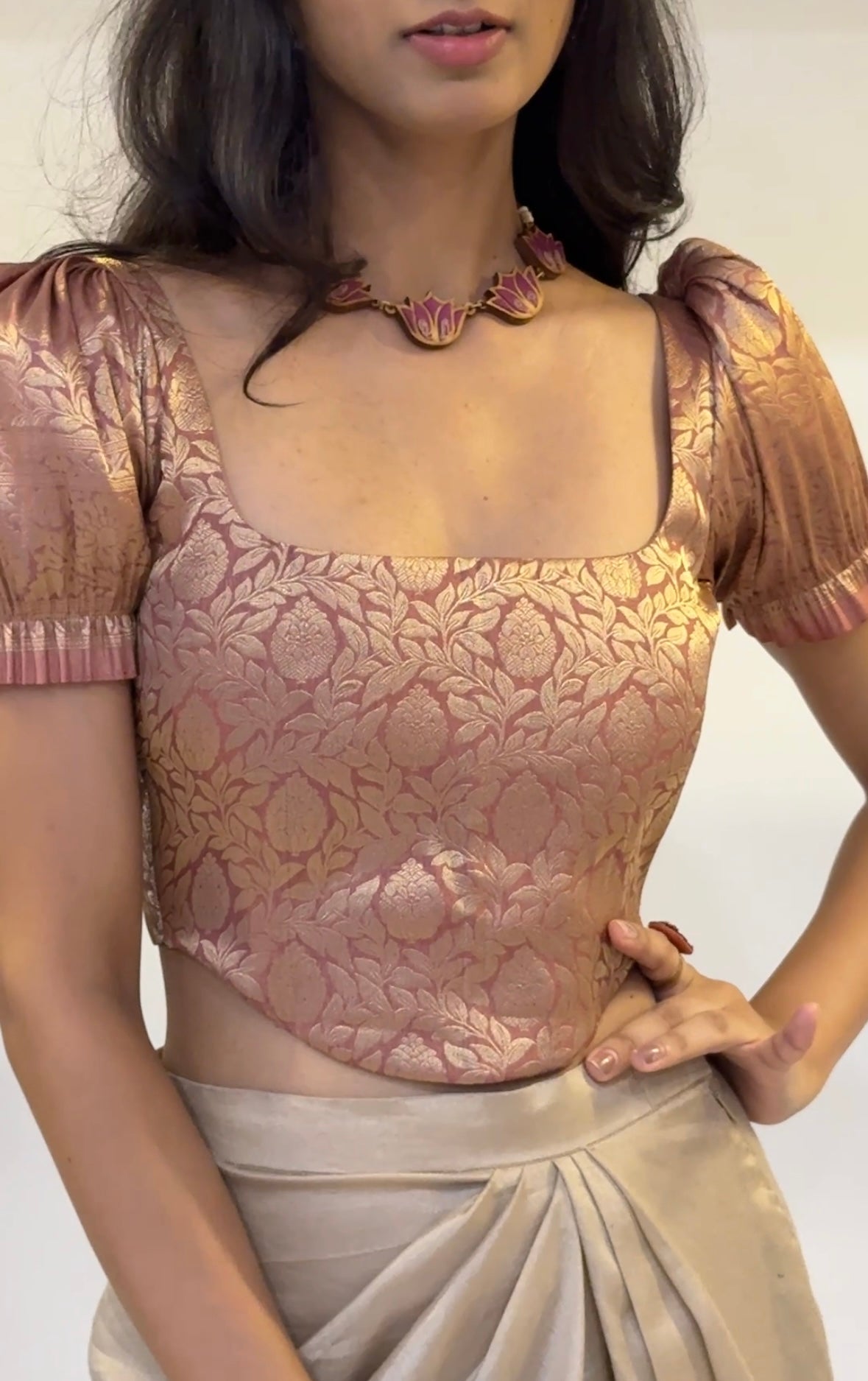 Rose Gold Brocade Corset With Sleeves