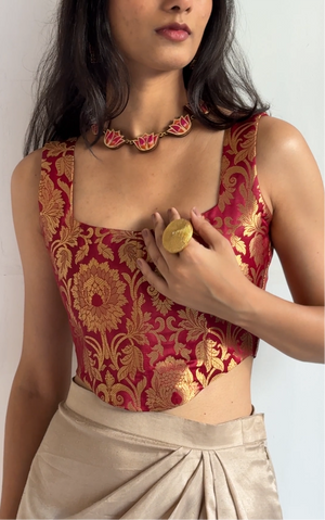 Dark Red Gold Brocade Silk Corset