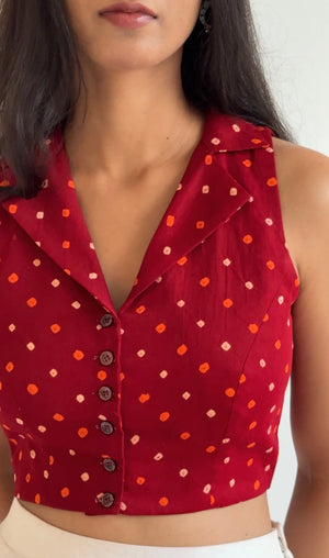 Bandhani Collared Halter Neck Crop Top
