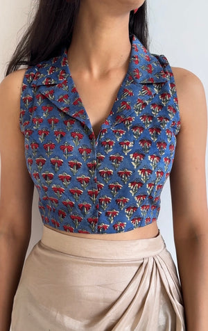 Blue Red Collared Halter Neck Crop Top