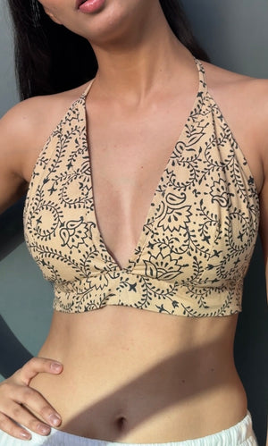 Cream And Black Floral Bralette By Blue Gulmohar