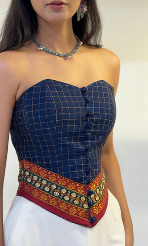 Blue Checkered Overbust Corset