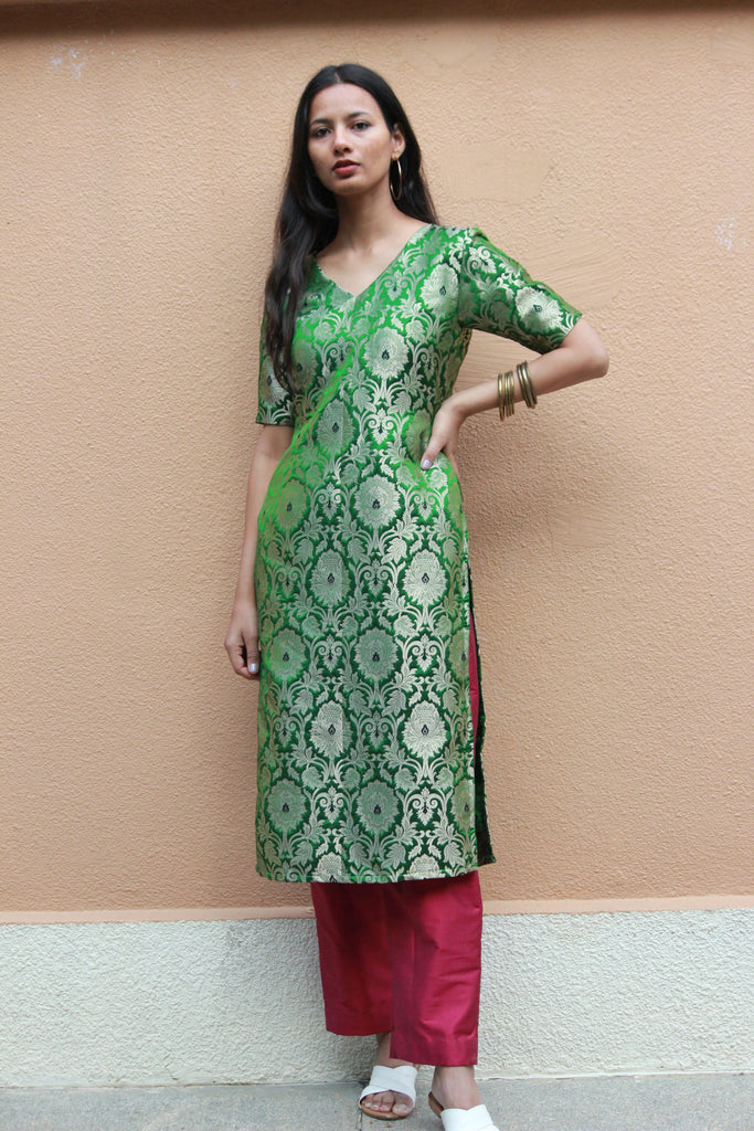 Green Brocade Kurta And Pants Mogra Designs