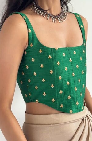 Green Raw Silk Embroidered Corset
