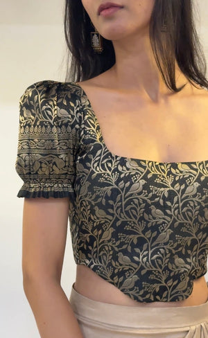 Black Gold Brocade Corset With Sleeves