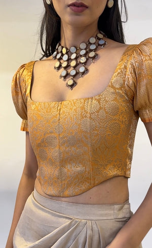 Mustard Gold Brocade Corset With Sleeves