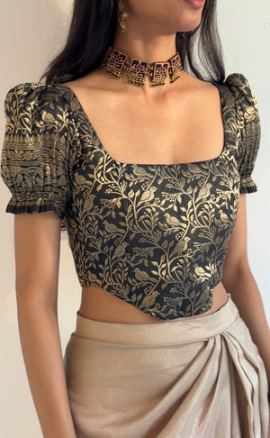 Black Gold Brocade Corset With Sleeves