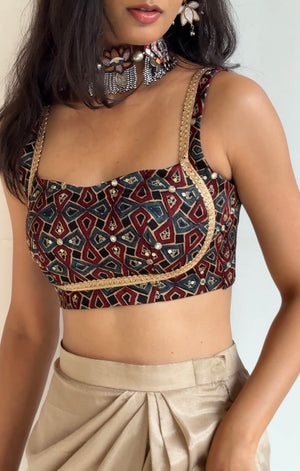 Ajrakh Embroidered Backless Blouse