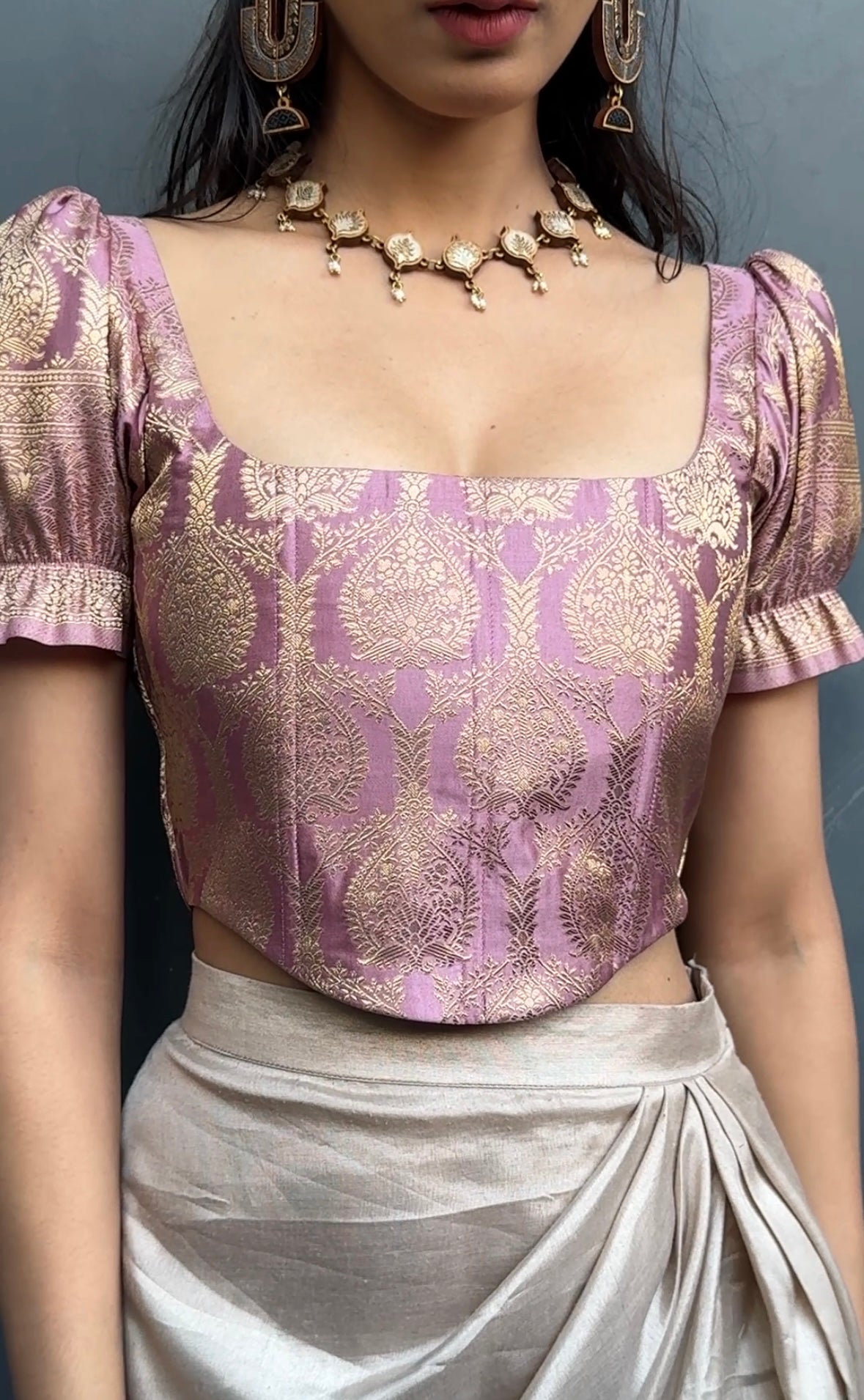 Dusty Pink Brocade Corset With Sleeves