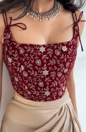 Maroon Embroidered Velvet Corset