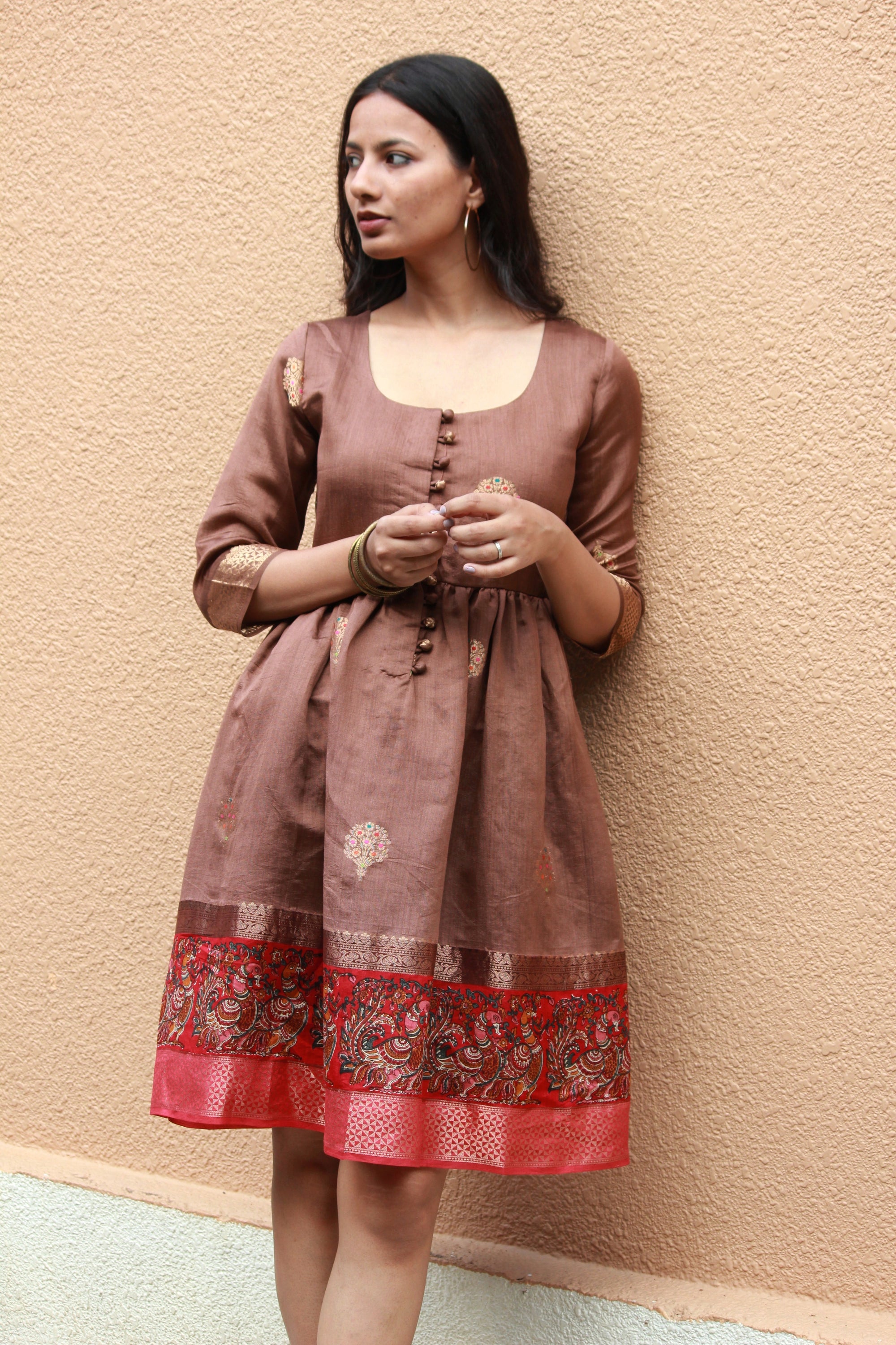 Deep Red and Mustard Saree Pleated Dress | Frock for women, Saree dress,  Girls frock design