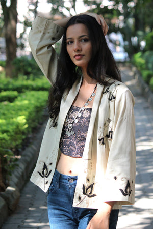 Black Petal Embroidered Kimono Jacket