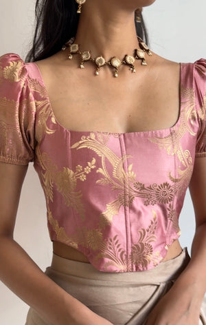 Rose Gold Brocade Corset With Sleeves