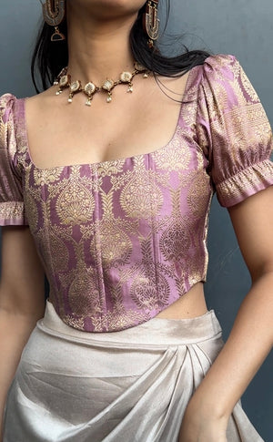 Dusty Pink Brocade Corset With Sleeves