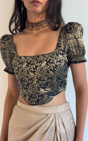 Black Gold Brocade Corset With Sleeves