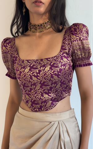 Purple Gold Brocade Corset With Sleeves