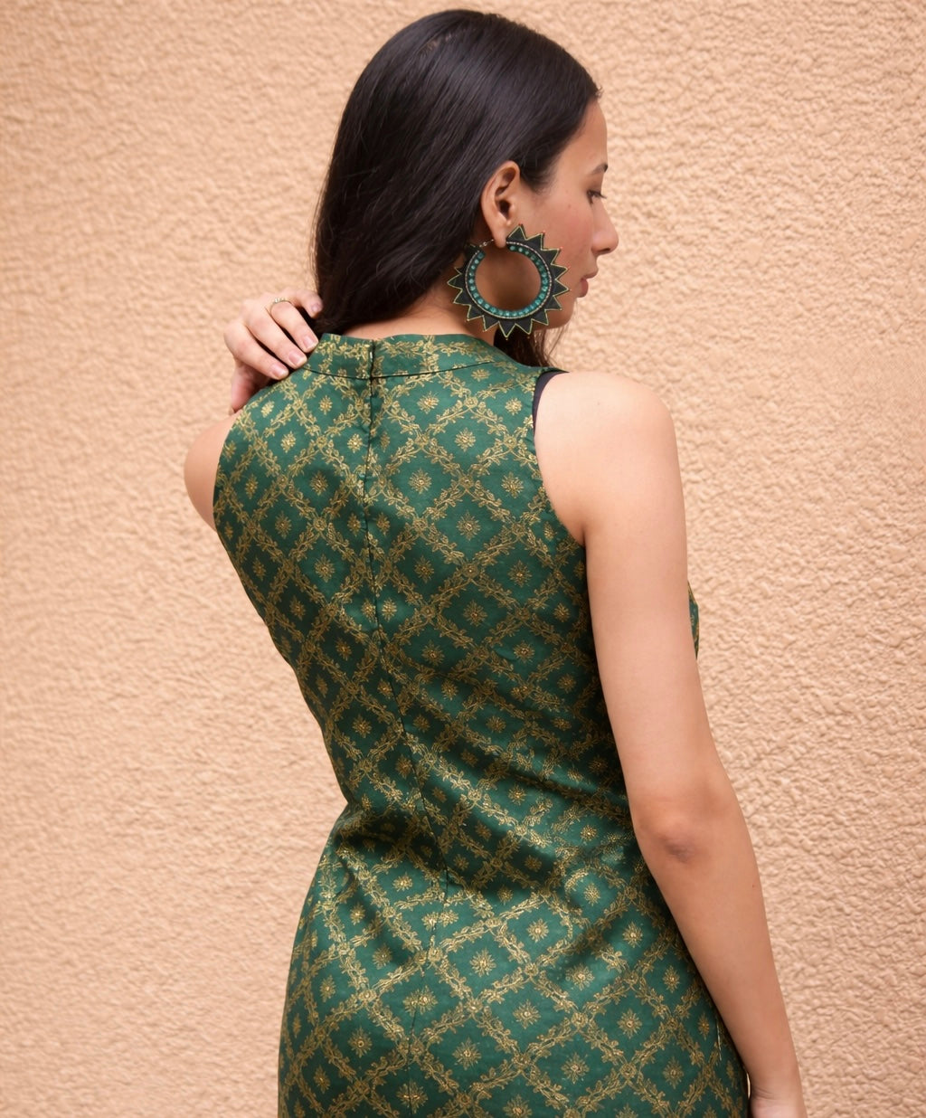 Green Banarasi Halter Pencil Dress - Mogra Designs