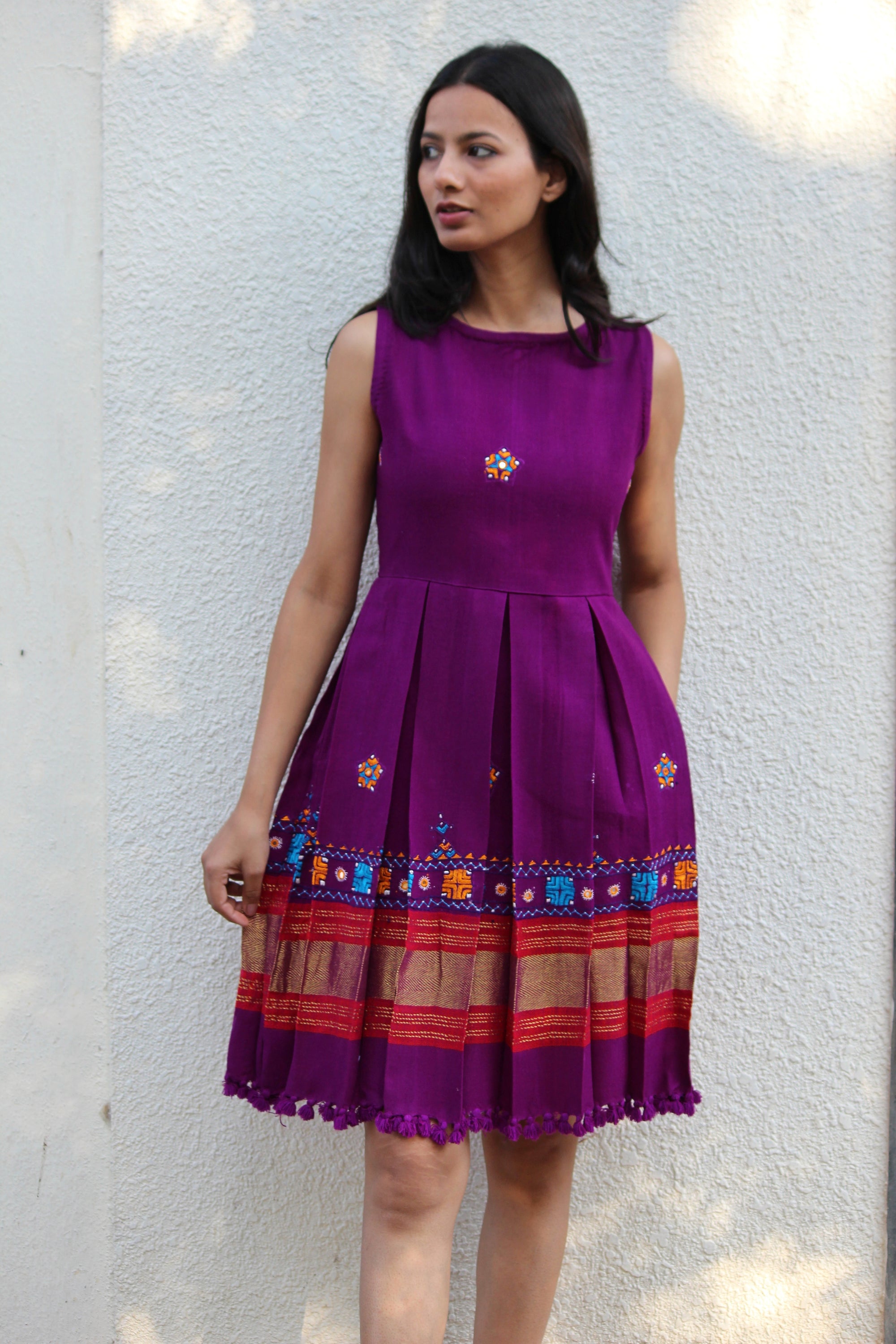 Handwoven and Hand Embroidered Purple Wool Dress