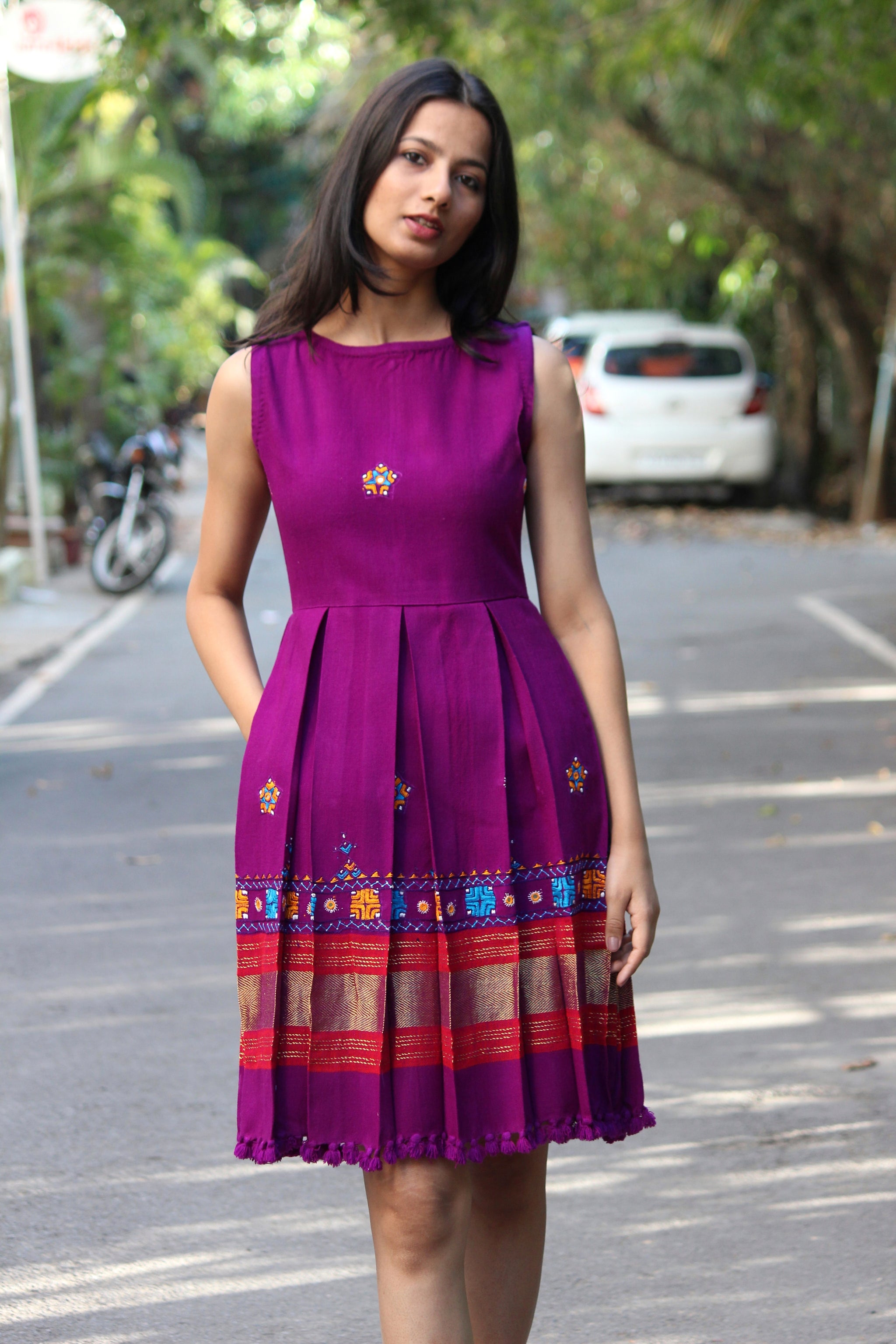 Handwoven and Hand Embroidered Purple Wool Dress - Mogra Designs Handwoven and Hand Embroidered Purple Wool Dress - Mogra Designs