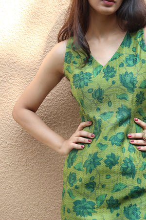 Green Floral Tussar Pencil Dress