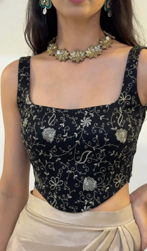 Black Floral Embroidered Corset