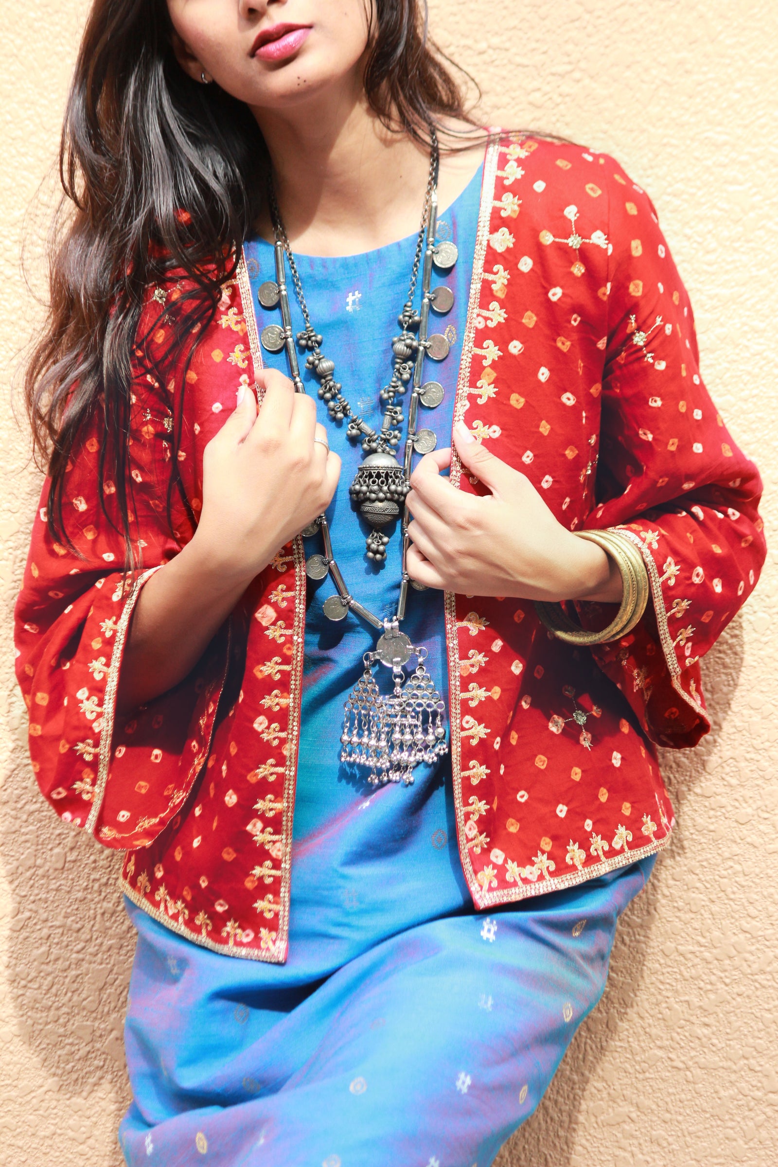 Maroon Bandhani Hand Embroidered Kimono Jacket