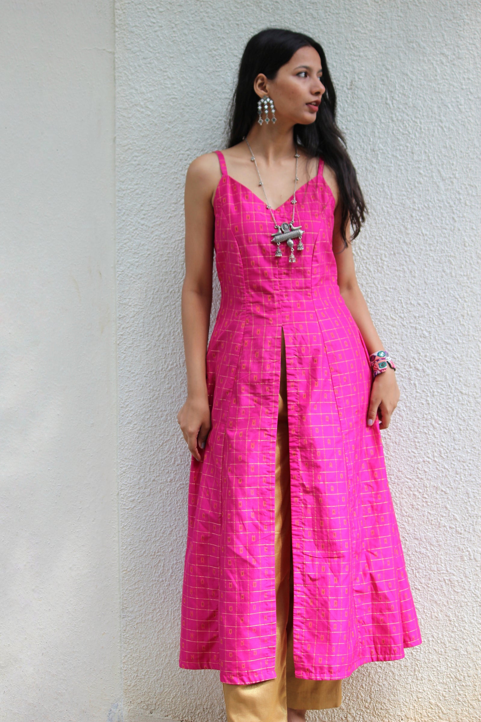 Fuchsia Pink Front Slit Maxi Dress