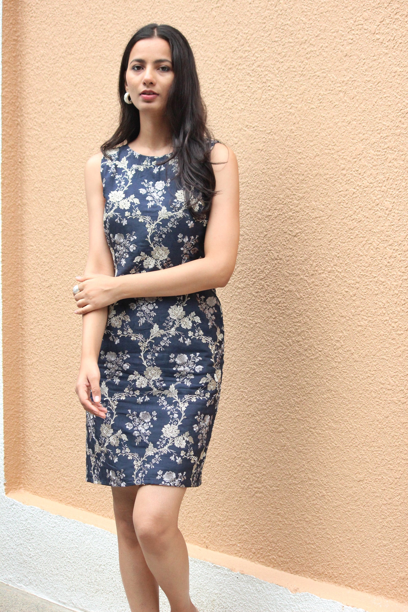 Midnight Blue Silk Embroidered Pencil Dress