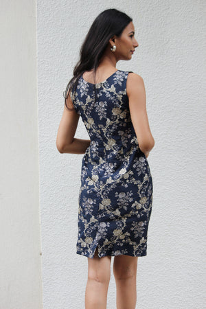 Midnight Blue Silk Embroidered Pencil Dress