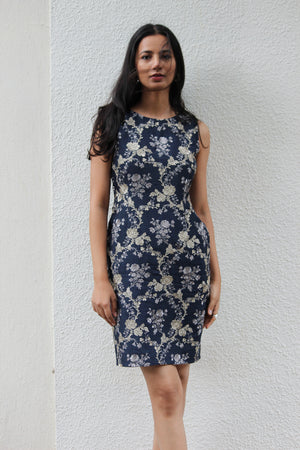 Midnight Blue Silk Embroidered Pencil Dress