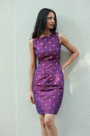 Purple Embroidered Sleeveless Pencil Dress