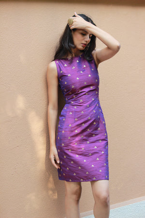 Purple Embroidered Sleeveless Pencil Dress