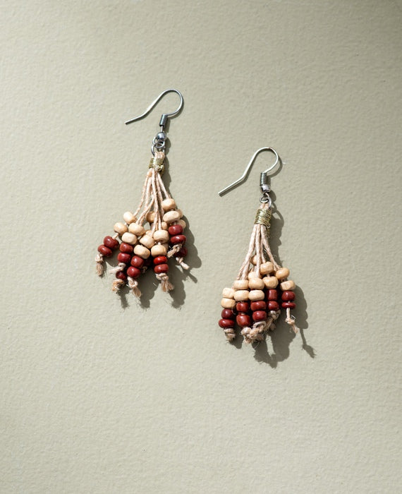 WHE Eco Chic Jute & Wooden Beads Tassel Earrings