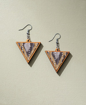 WHE Brown Upcycled Fabric and Repurposed Wood Triangular Earrings