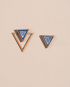 WHE Hand Painted Blue Two Look in One Upcycled Fabric and Repurposed Wood Triangle Earring