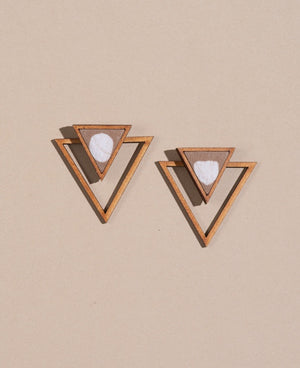 WHE Beige Two Look in One Upcycled Fabric and Repurposed Wood Triangle Earring