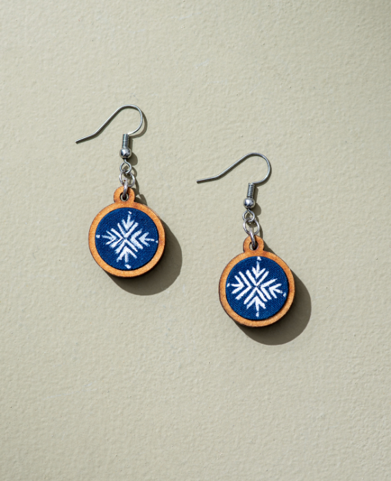WHE Hand Painted Blue and White Upcycled Fabric Wooden Earrings