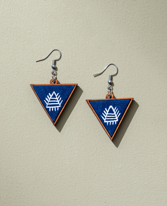 WHE Hand Painted Blue Upcycled Fabric and Repurposed Wood Triangular Earrings