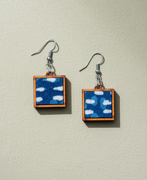 WHE Indigo Upcycled Fabric and Repurposed Wood Square Earrings