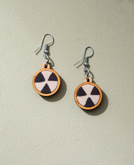WHE Black and Beige Fabric and Repurposed Wood Earrings