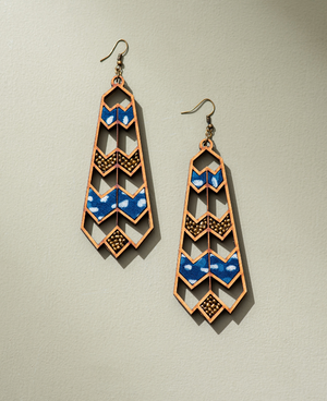 WHE Blue Wave Pattern Upcycled Fabric and Repurposed Wood Earrings