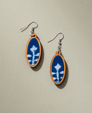 WHE Indigo Upcycled Fabric and Repurposed Wood Oval Earrings