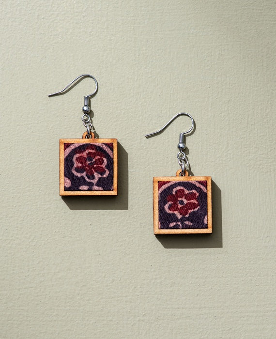 WHE Black Upcycled Ajrakh Fabric and Repurposed Wood Earrings