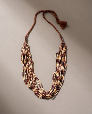 WHE Handmade Multilayer Adjustable Jute, Wooden Beads and Metal Beads Statement Necklace