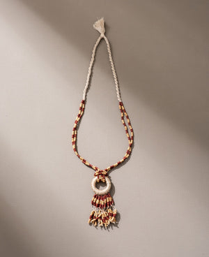 WHE Adjustable Jute, Wooden Beads and Glass Beads Fringe Pendant Necklace